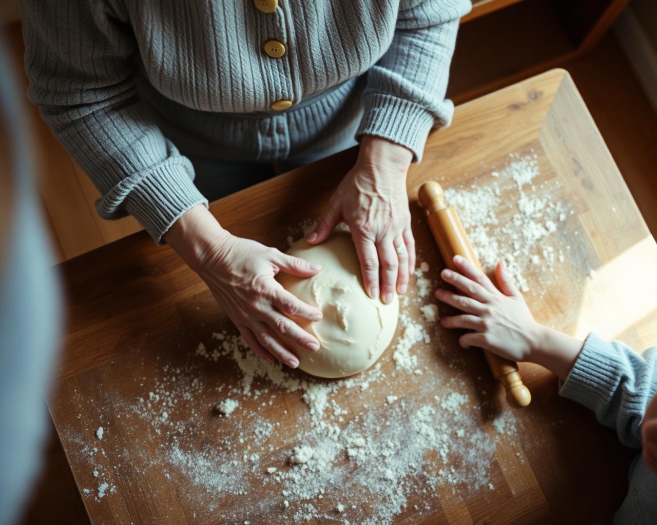 Grandmother teaching her granddaughter to bake