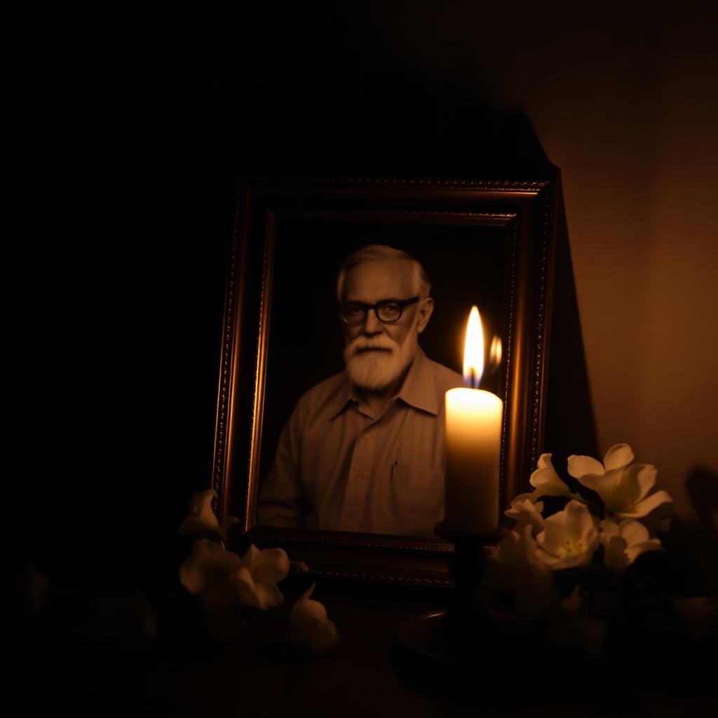 A candle lit beside a framed portrait in remembrance
