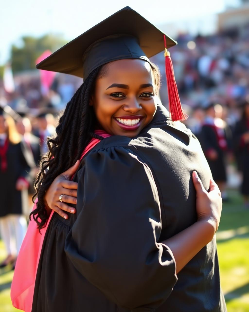 A graduate hugged by her father