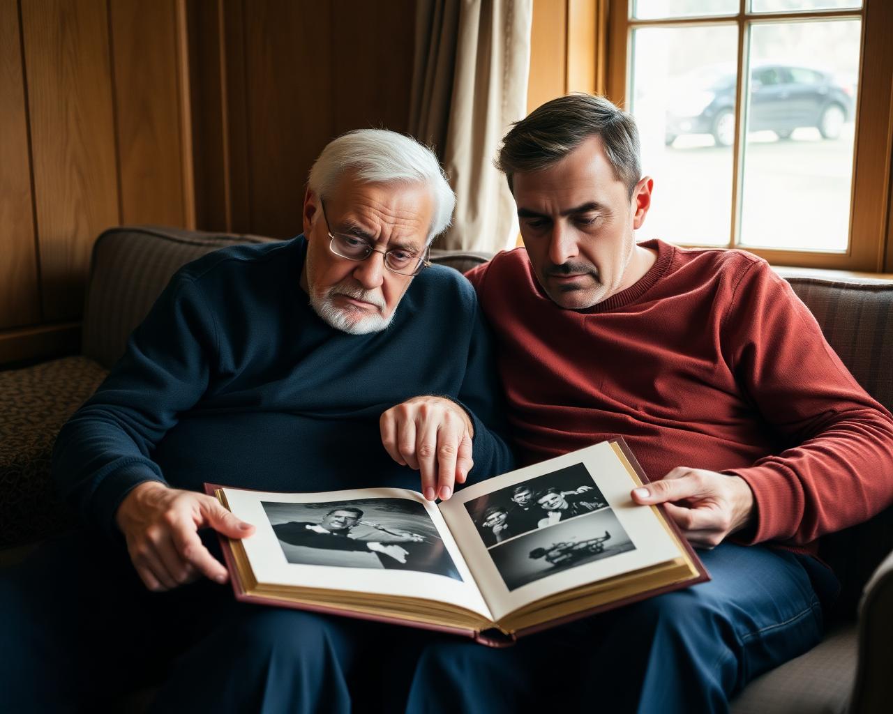 A grandfather sharing photo albums with his grandson
