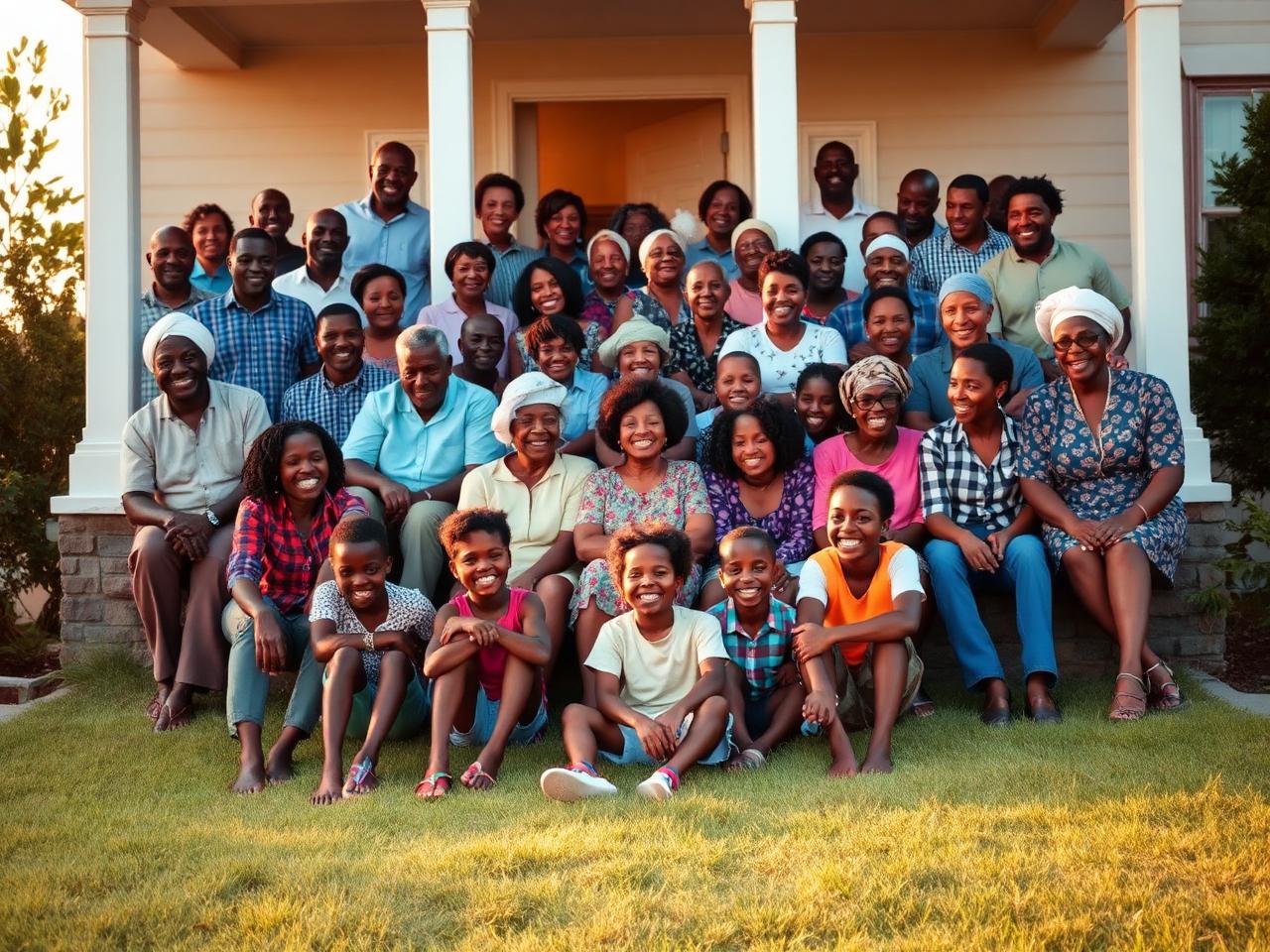 Large extended family reunion on the front porch